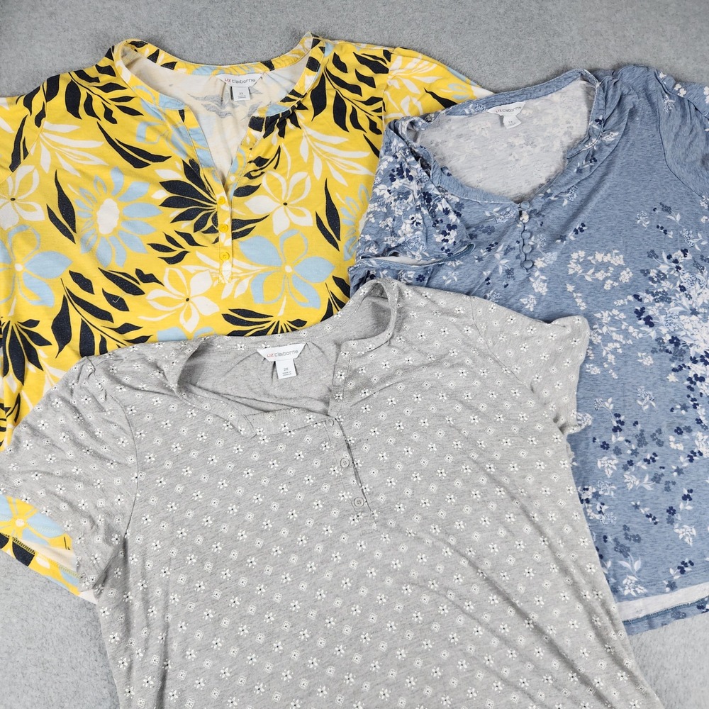 Liz Claiborne Henley Shirt Top Womens 2X Multicolor Floral Short Sleeve Lot Of 3